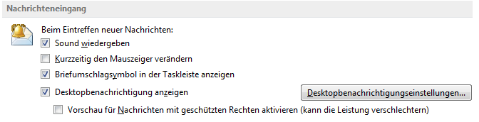 Optionen von Outlook 2013 für die Benachrichtigung neuer E-Mails