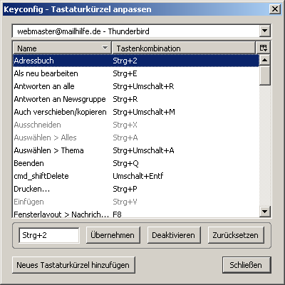 Thundebird- Tastaturbefehle