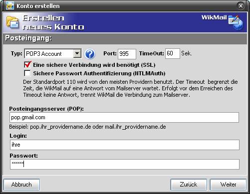 POP3 Einstellung von WikMail für Google