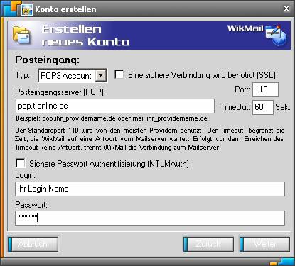  POP 3 Account Wikmail
haben. Unter Posteingangsserver (POP): tragen Sie pop.t-online.de ein.