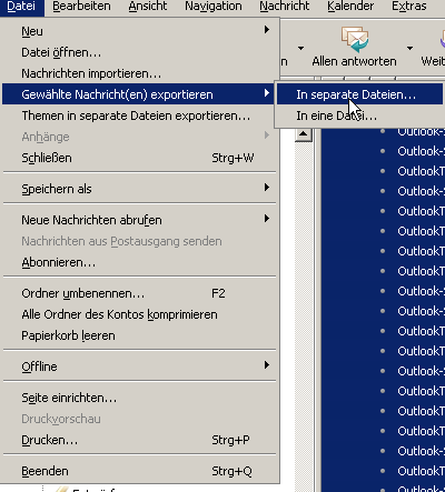 Wenn Sie nur bestimmte Nachrichten exportieren wollen, markieren Sie diese und gehen Sie in Thunderbird in das Menü Datei - In separate Dateien…