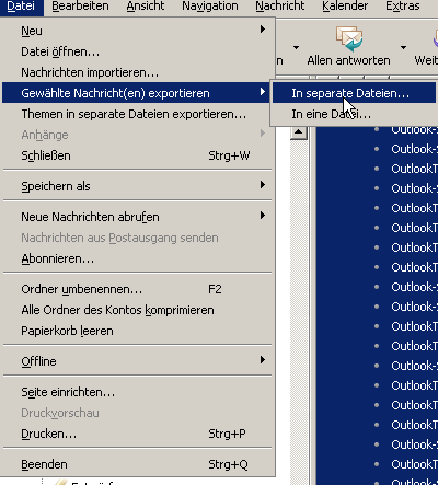 Wenn Sie nur bestimmte Nachrichten exportieren wollen, markieren Sie diese und gehen Sie in Thunderbird in das Menü Datei -  In separate Dateien…