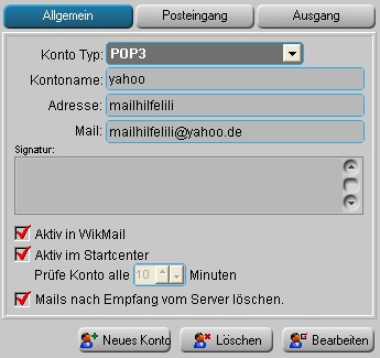 WikMail POP3 Einstellungen für Yahoo