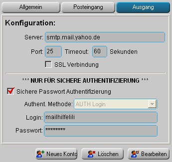 WikMail Postausgang Einstellungen für Yahoo