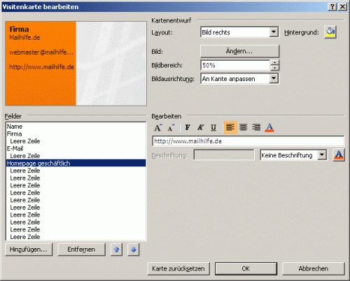 Erstellen einer Outlook Visitenkarte