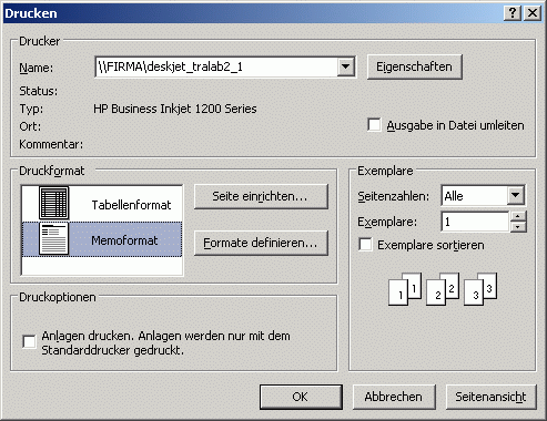 Wenn Sie alle Nachrichten ausgewählt haben, gehen Sie in das Menü Datei/Drucken und hier aktivieren Sie das Memoformat aus und klicken Sie anschließend auf OK.