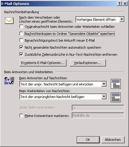 Sie müssen nun zuerst die Sendekopie Funktion abschalten. Gehen Sie dazu in Outlook in das Menü Extras/Optionen - Register Einstellungen und hier auf den Knopf E-Mail-Optionen. Nun öffnet sich ein neues Fenster entfernen Sie das Häkchen unter "Nachrichtenkopien im Ordner Gesendete Objekte speichern" danach schließen Sie alle Fenster über den OK Knopf.