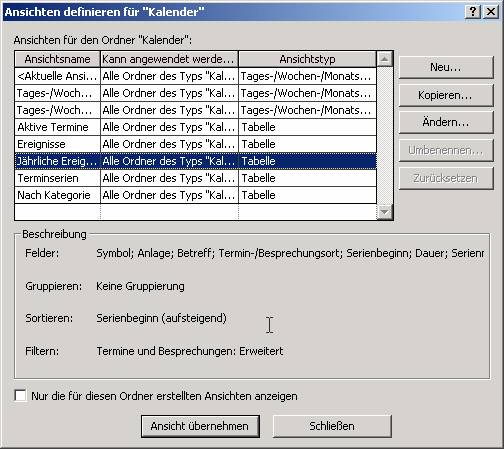 Ansichten für den Outlook Kalender