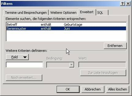 Outlook Geburtstage filtern