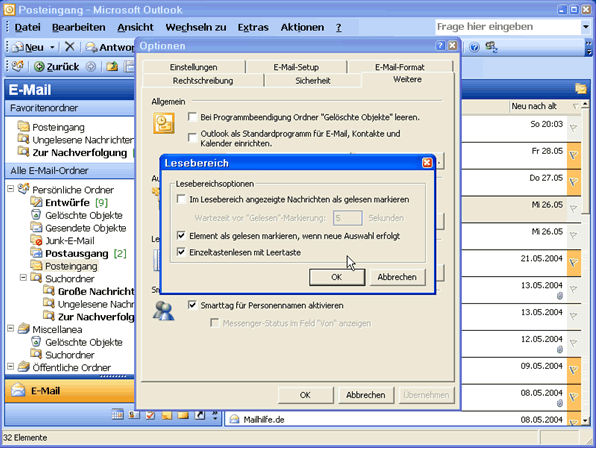 Outlook Lesebereich