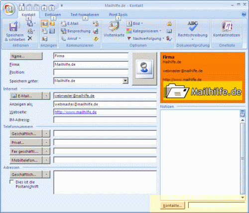 Kontakt Verweise von Outlook 2007 auf andere Kontakte erstellen