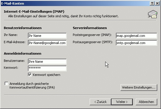 Outlook 2003: Einrichten für Gmail (IMAP) › Outlook E-Mail Einstellungen › Mailhilfe.de