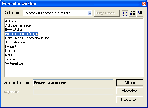 Outlook Formular wählen