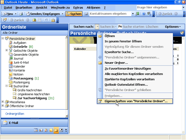 Outlook Heute Eigenschaften