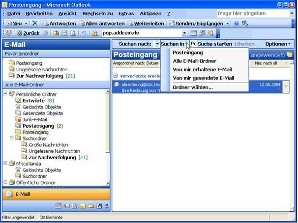 Outlook Posteingang Suche
