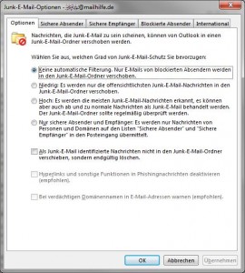 Junk E-mail Filter Einstellungen