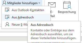 Kontakte aus Outlook Adressbuch wählen