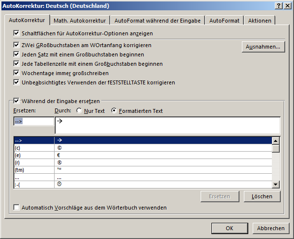 AutoKorrektur-Einträgen mit Formatierung