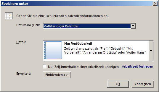 Den kompletten Kalender als eine ics-Datei exportieren oder ein Backup