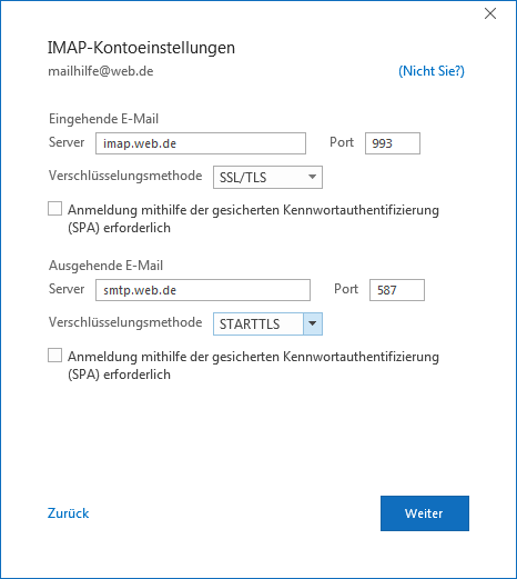 IMAP bzw. Verschlüsselungs Einstellungen für Web.de