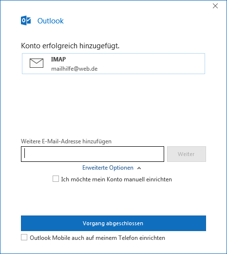 Erfolgreicher Abschluss der Einrichtung des Web.de Kontos