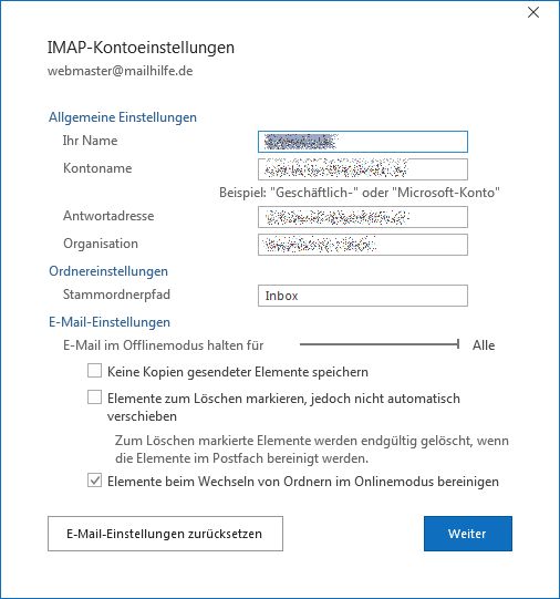 Passwort Und Servereinstellungen In Outlook 2016 Und 2019 Outlook 2016 Outlook 2019 Mailhilfe De