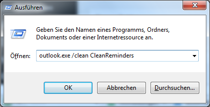 Starten von Outlook mit dem Schalter Clean Reminders unter Windows 7. (beachten Sie das Leerzeichen im obigen Befehl).