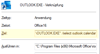 Erstellen einer benutzerdefinierten Verknüpfung mit der Befehlszeile, um zu starten. Outlook im Ordner Kalender