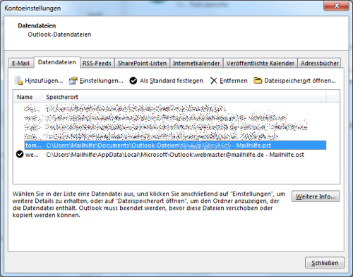 Die Registerkarte Datendateien in den Kontoeinstellungen gibt Ihnen einen Überblick über Ihre pst-Dateien und ermöglicht es Ihnen, den Speicherort einfach zu öffnen.