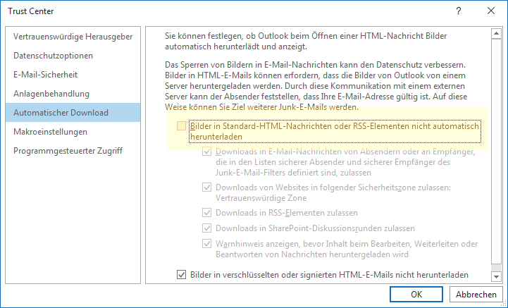 Bilder in Outlook automatisch herunterladen